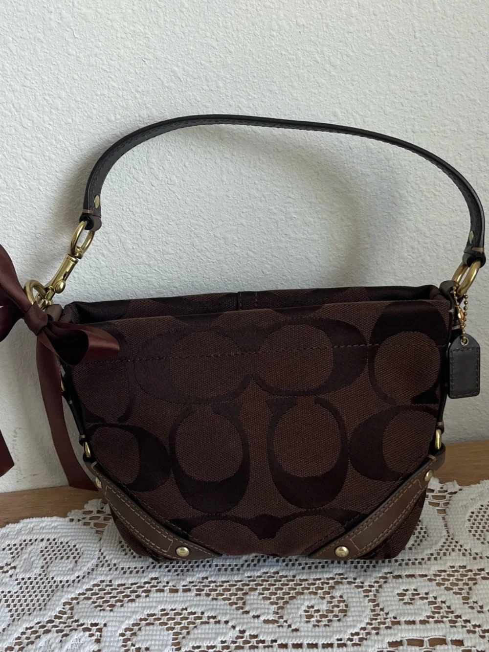 COACH Brown Signature mini hamptons Canvas Shoulder Bag